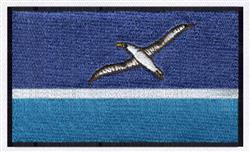 Realistic bird in flight with detailed feathers soaring against a blue background, accented by turquoise and white stripes.