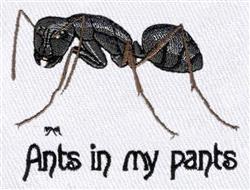 Playful black ant in profile with intricate stitching, accompanied by bold 'Ants in my pants' text on white background.