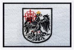 Heraldic black eagle emblem with a gold crown and red accents, detailed design on a light grey background.