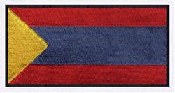 Bold flag design with horizontal red and blue stripes, a yellow triangle, and a clean black border.