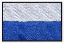 Bold flag design featuring a blue and white horizontal split, framed by a striking black border.