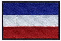 Bold flag design featuring blue, white, and red horizontal stripes with a black outline.