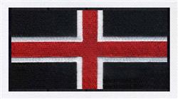 Bold flag design featuring a prominent red cross on a black background, framed by white borders.