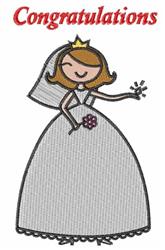 Cheerful bride in cartoonish style wearing a white dress, holding flowers, with 'Congratulations' in bold red.
