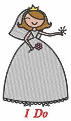 Playful bride in a white wedding gown, holding a flower bouquet with a crown, featuring whimsical 'I Do' text.