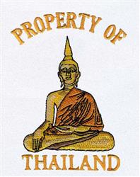 Buddha statue with golden robes and serene expression, showcasing bold outlines and 'PROPERTY OF THAILAND' text.