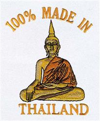 Buddha statue in traditional robes with warm gold and brown hues, featuring orange text '100% MADE IN THAILAND'.