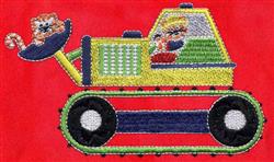 Playful cartoon bulldozer with a yellow body and green tracks, driven by an animated character with a cat holding a candy can