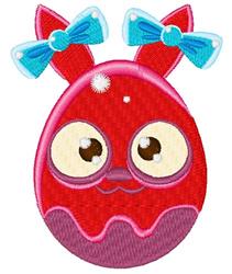 Applique cartoonish egg with bunny ears, big eyes, and blue bows, perfect for Easter decor.