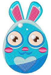 Cute bunny face on an egg with large eyes, pink cheeks, and vibrant blue colors for Easter festivities.
