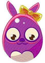 Cute bunny-shaped egg in purple with large eyes and a bow, perfect for Easter décor.