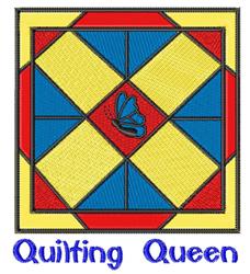 Colorful butterfly quilt pattern features alternating blue, yellow, and red diamond shapes with playful text.