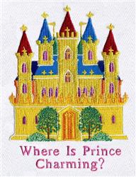 Whimsical castle with colorful spires and lush trees, featuring playful pink text 'Where Is Prince Charming?'