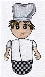 Cartoon chef character in white shirt and checkered pants, wearing a large white hat, perfect for playful kitchen towels.