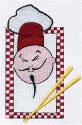 Playful cartoon chef with a traditional hat, smiling face, and red checkered border; features yellow chopsticks.