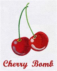 Playful red cherries with glossy highlights and green stems, featuring 'Cherry Bomb' text, perfect for kitchen decor.