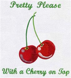Whimsical cherries with green stems and playful text 'Pretty Please' in a vibrant kitchen decor design.
