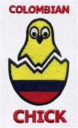 Applique yellow chick emerging from a cracked egg with Colombian flag colors, bold red 'COLOMBIAN CHICK' text.