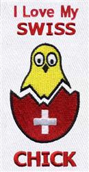 Playful yellow chick hatching from a red egg with a Swiss flag on a white background for Easter.