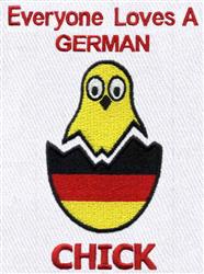 Playful cartoon yellow chick peeking from a black and red egg shell with 'Everyone Loves A GERMAN CHICK' text above.
