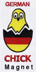 Playful yellow chick hatching from an eggshell with expressive eyes, featuring bold red text 'GERMAN CHICK' and 'Magnet'.