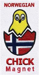 Playful yellow chick hatching from an egg with a Norwegian flag, featuring bold red text. Perfect for spring!