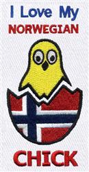 Cheerful yellow chick with large eyes emerging from an egg and holding a Norwegian flag, surrounded by festive text for Easte