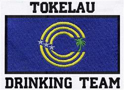 Circle design with bold black text 'TOKELAU' and 'DRINKING TEAM', vibrant blue background, yellow palm tree, and stars.