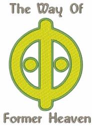 Modern circular emblem with bold yellow color and green accents, featuring text 'The Way Of Former Heaven'.
