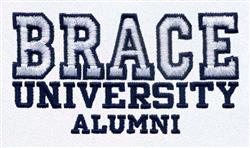 Text embroidery featuring 'BRACE UNIVERSITY' in bold navy and white collegiate style with 'ALUMNI' below.
