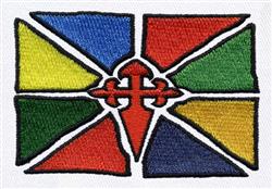 Colorful geometric design with red, blue, green, and yellow sections outlined in black, featuring an abstract pattern.