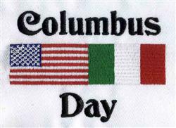 Columbus Day text in bold black letters with the American flag on the left and Italian flag on the right against a white back