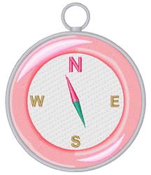 Whimsical compass design with pink border, playful cardinal directions, and a decorative hanging loop.