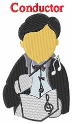 Cartoon conductor in a black tuxedo holding a baton, surrounded by musical notes and sheet music, ideal for music decor.