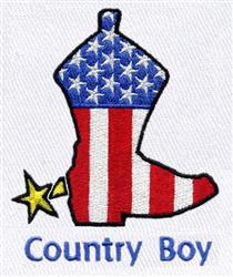 Applique cowboy boot adorned with red and white stripes, blue with stars, and a cheerful 'Country Boy' text.
