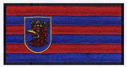 Crowned eagle head on a vibrant shield with gold details, set against bold red and blue horizontal stripes.
