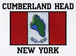 Cumberland Head map on a bold red background, featuring a green landform and striking black text. Ideal for patches.