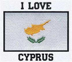 Cyprus map silhouette in yellow with green laurel leaves, bold black text 'I LOVE' and 'CYPRUS'.