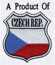 Patriotic shield displaying bold text 'A Product Of' above 'CZECH REP.' in vibrant Czech flag colors.