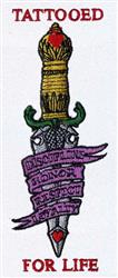 Colorful dagger with ornate handle and flowing ribbon featuring 'TATTOOED FOR LIFE' in bold text, tattoo-inspired design.