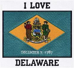 Delaware state flag with blue background, yellow diamond, and coat of arms, featuring bold 'I LOVE' and 'DELAWARE' text.