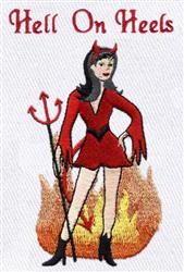 Female character in a devil costume with bold red dress, horns, and trident, set against playful flames for Halloween.