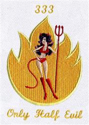 Playful female character in a vintage pin-up devil costume with flames. She holds a pitchfork in her red outfit.