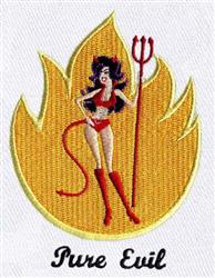 Playful female character in a devil costume with a trident, set against bright yellow flames for Halloween.