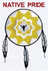 Dreamcatcher featuring a vibrant yellow star motif, two black feathers, and 'NATIVE PRIDE' in bold red, textile design.