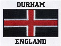Durham flag featuring a bold red cross on black, bordered in white, with 'DURHAM' and 'ENGLAND' in black text.