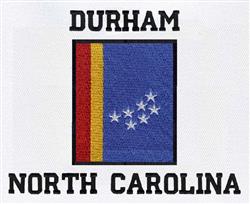 Durham state pride design with a blue background, red and yellow stripes, and white stars. Bold text reads 'DURHAM' and 'NORT