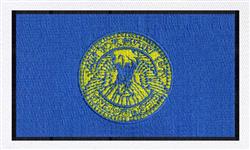 Bold eagle emblem in yellow on a vibrant blue background, circular shape with black border.