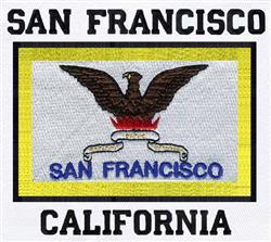 Flag with eagle emblem featuring a bold yellow border and blue text 'SAN FRANCISCO' and 'CALIFORNIA'.