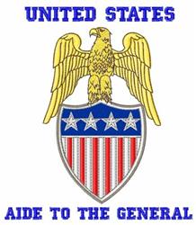Eagle emblem with shield in detailed embroidery, featuring a golden eagle, blue shield, red and white stripes, and military t